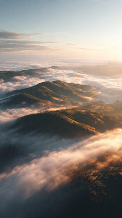 Aerial view of foggy morning in the mountains at sunrise.の写真素材