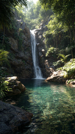 Beautiful waterfall in the jungle. Waterfall in the forest.
