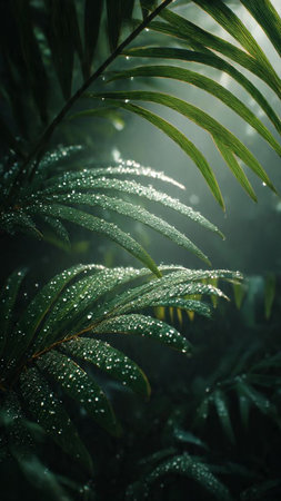Water droplets on the leaves of a fern in the morningの写真素材