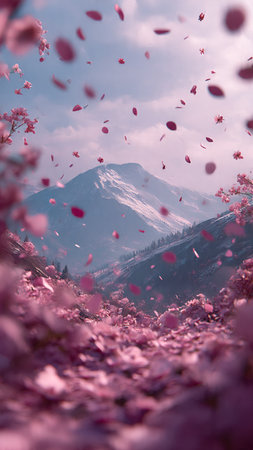 Beautiful cherry blossom petals on the background of Mount Fuji.の写真素材