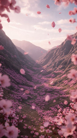Cherry blossoms in full bloom on the slopes of the mountains