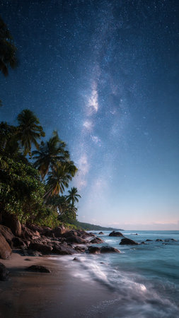 Milky Way over a tropical beach with palm trees and rocks.の写真素材