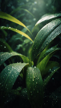 Raindrops on the leaves of a corn plant. Selective focus.