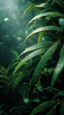 Morning dew on the leaves of the bamboo in the rain.の写真素材