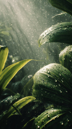 Water droplets on the leaves of a corn plant in the rain