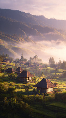Rice terraces in the morning at Bali island, Indonesiaの写真素材