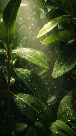 Water droplets on the leaves of a tree in the rain.