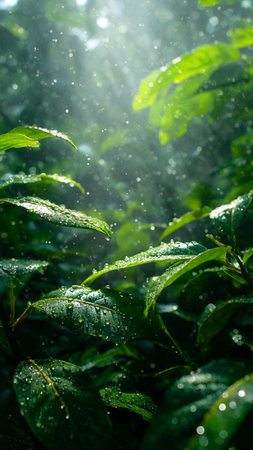 Green tea leaves with dew drops in the morning. Nature background