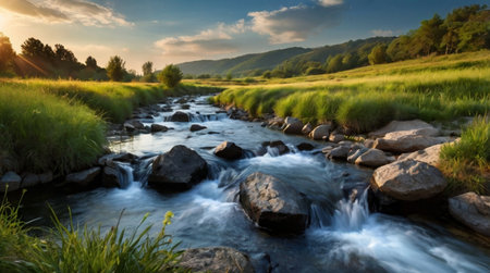 Long exposure of a mountain river flowing through the meadow at sunsetの写真素材
