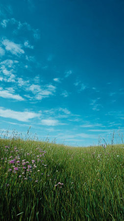 Beautiful summer landscape with grass and flowers on blue sky background.の写真素材