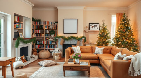 Living room with Christmas tree, fireplace and sofa. 3d renderの写真素材
