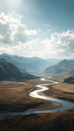 Mountain landscape with a small river in the middle of it.の写真素材