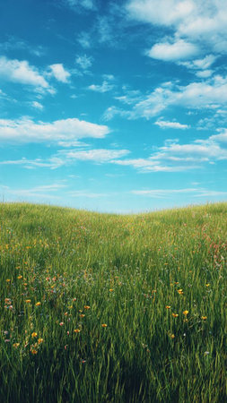 Green meadow with wildflowers and blue sky. Nature backgroundの写真素材