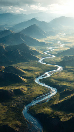 Aerial view of the river and mountains in Kyrgyzstanの写真素材