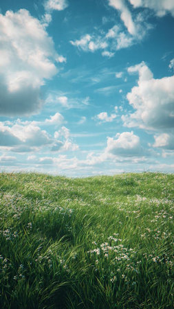 Green meadow with white flowers and blue sky with white clouds.の写真素材
