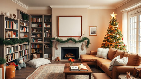 Living room interior with Christmas tree and fireplace. 3D rendering.の写真素材