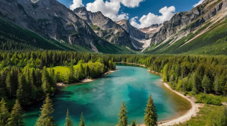 Aerial view of Lake Louise, Banff National Park, Alberta, Canadaの写真素材