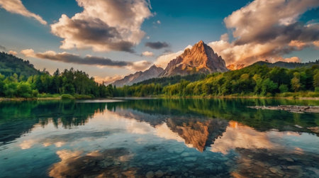 Panoramic view of Dolomites mountains reflected in the lake.の写真素材
