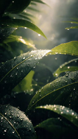 Green tea leaves with dew drops in morning sunlight. Nature backgroundの写真素材
