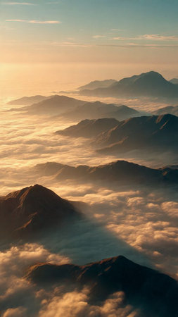 Aerial view of foggy mountains at sunrise. Caucasus, Russia