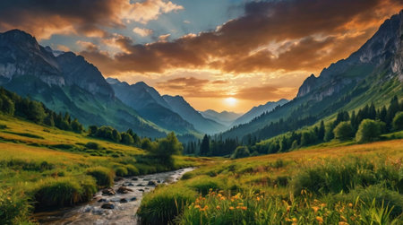 Beautiful summer landscape with mountain river and high mountains at sunset.の写真素材