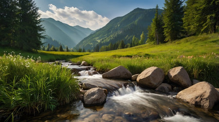 Mountain stream in the valley in the Ukrainian Carpathians.の写真素材