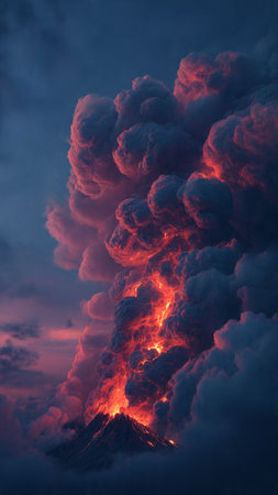 Volcanic eruption in the clouds at sunset, 3D illustrationの写真素材