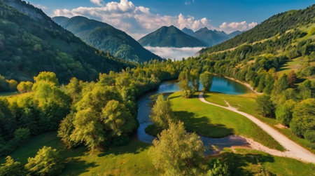 Aerial view of beautiful mountain landscape with green forest and lake.