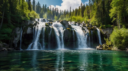 Beautiful waterfall in the mountains of the Altai Republic, Russiaの写真素材