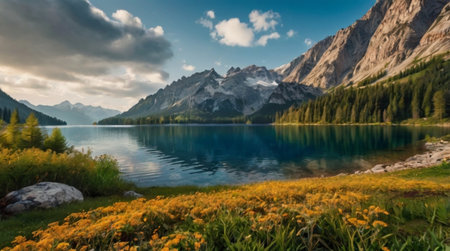 Panoramic view of Lake Misurina and Dolomites mountains, Italy