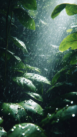 Rain drops falling on green leaves in rain forest. Nature background.