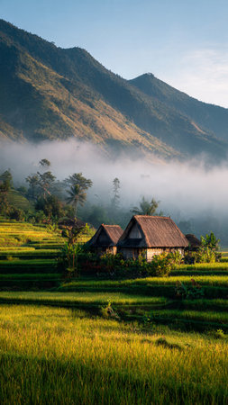 Rice field terraces at sunset.の写真素材
