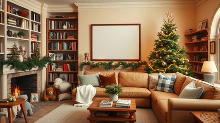 Living room interior with Christmas tree, sofa and bookshelf. 3d renderの写真素材