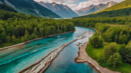 Aerial view of mountain river in Altai, Siberia, Russiaの写真素材