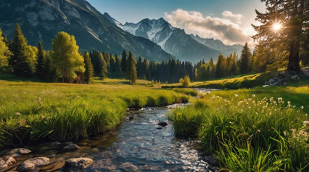 Mountain river in the mountains at sunset. Beautiful summer landscape.