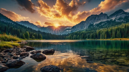Sunset over lake braies in south tyrol, italyの写真素材