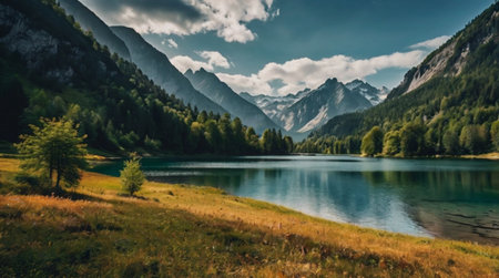 Panoramic view of a mountain lake in Dolomites, Italy