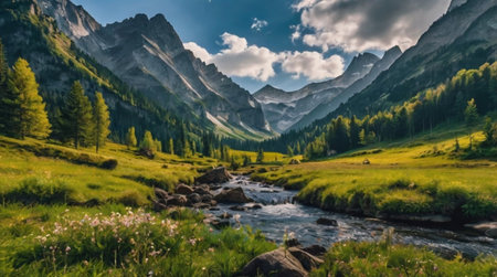 Panoramic view of a mountain river in the Dolomitesの写真素材