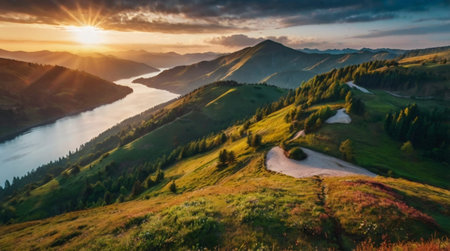 Aerial view of beautiful sunset in Carpathian mountains, Ukraine