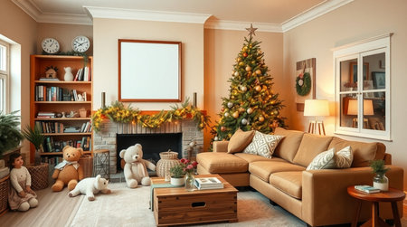 Christmas living room interior with Christmas tree and fireplace. 3d renderingの写真素材