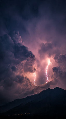 Lightning in the sky over the mountains. Dramatic scene.の写真素材