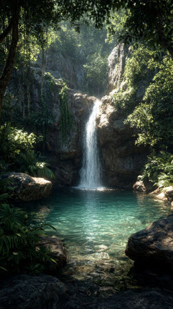 Waterfall in the tropical forest. Waterfall in the jungle.