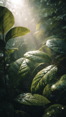 Green leaves with sunlight in the morning. Natural background. Vintage tone.の写真素材