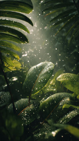 Water droplets on the leaves of a tropical plant. Nature background