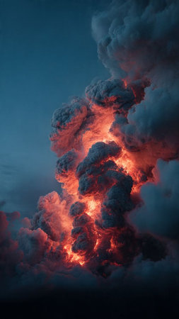 Flames of volcano at night, close-up. Natural disasterの写真素材