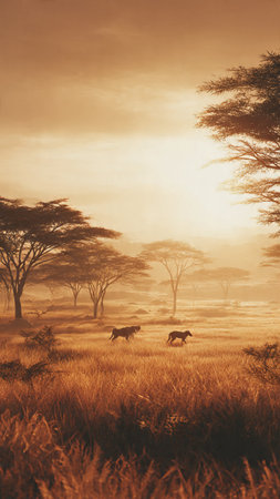 African safari scene at sunset with silhouettes of wild dogs and acacia trees