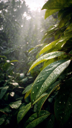 Morning dew on the leaves of a tea tree in the morning