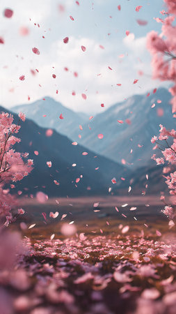 Cherry blossom and falling petals on the background of mountainsの写真素材
