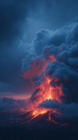 Volcanic eruption at sunset, Kamchatka Peninsula, Russia