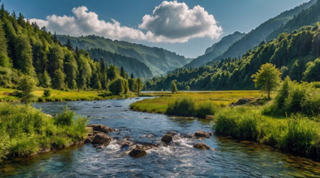 Panorama of the mountain riverの写真素材